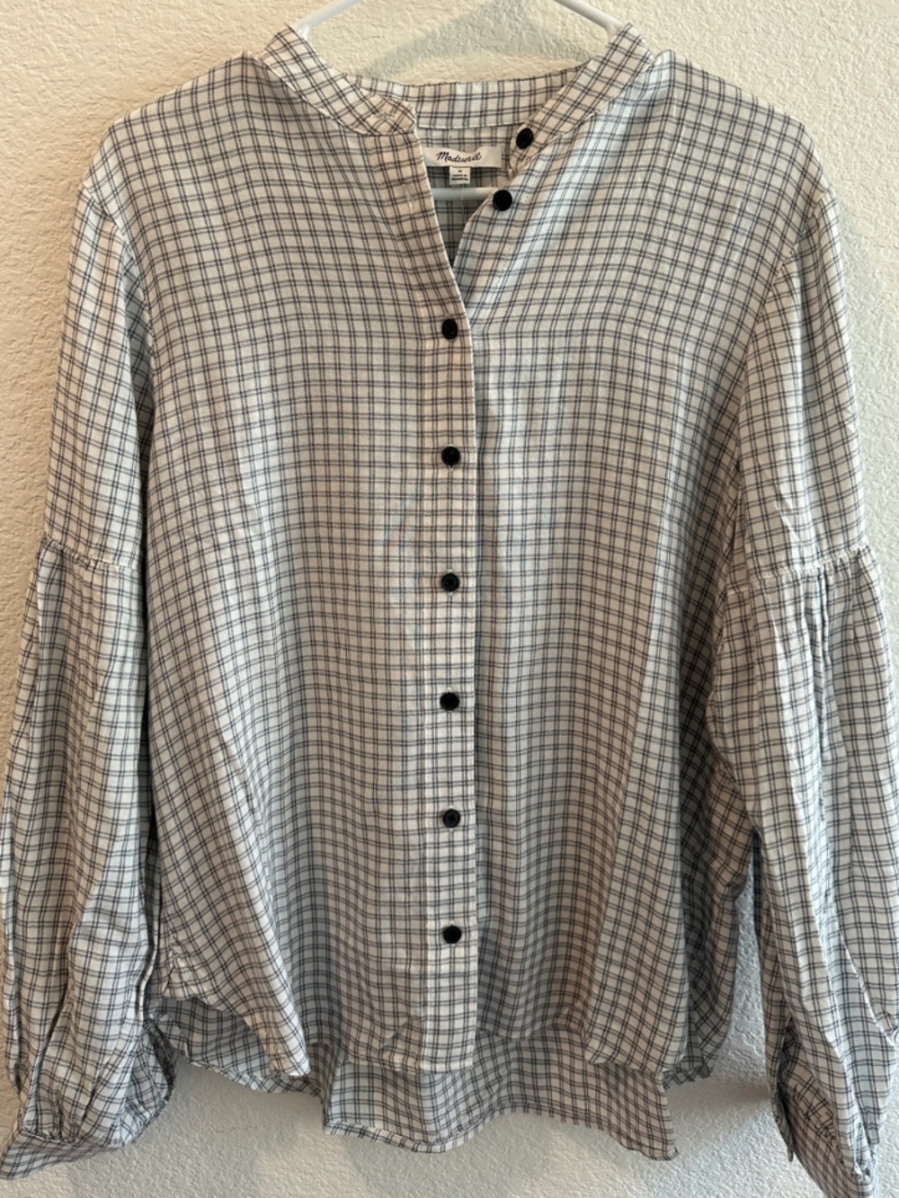 Madewell Bell Sleeve Button-Up Black and White Window Pane Blouse